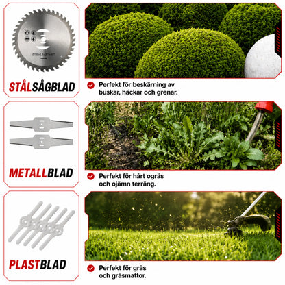 Korvatek Elektrische S4 Bosmaaier 21V met batterij en 4 verschillende bladen – krachtige, snoerloze grastrimmer voor tuin en gazon.