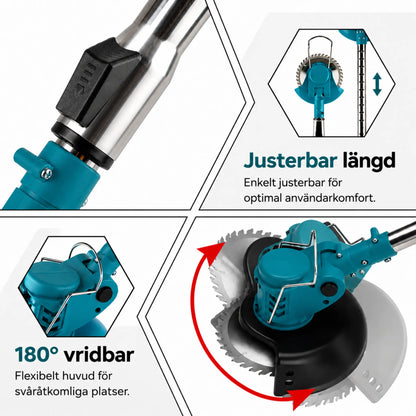 Korvatek Elektrische S4 Bosmaaier 21V met batterij en 4 verschillende bladen – krachtige, snoerloze grastrimmer voor tuin en gazon.