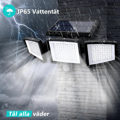 KORVATEK Solcellsdriven utomhuslampa – Säkerhetslampa med 3 ljushuvuden, rörelsesensor, fjärrkontroll & IP65