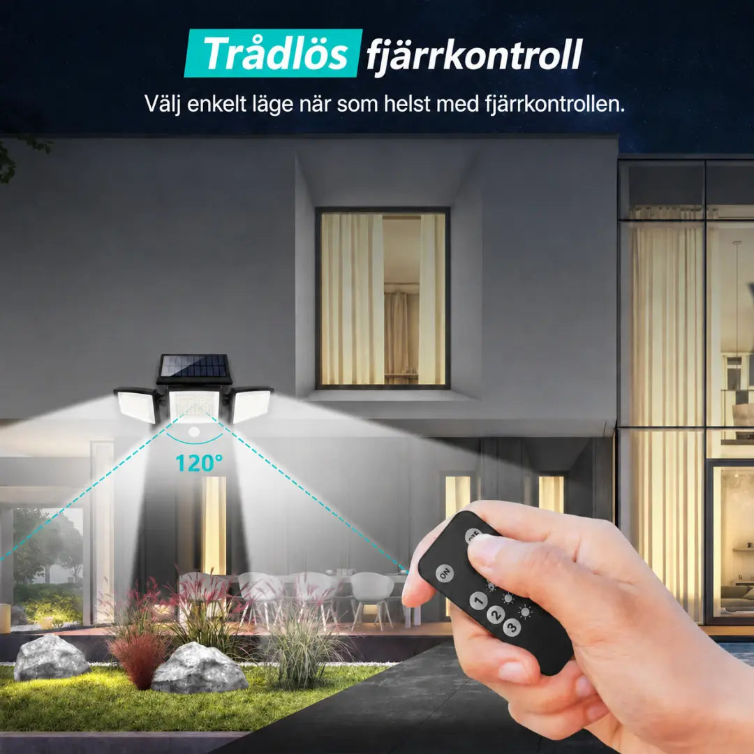 KORVATEK Solcellsdriven utomhuslampa – Säkerhetslampa med 3 ljushuvuden, rörelsesensor, fjärrkontroll & IP65