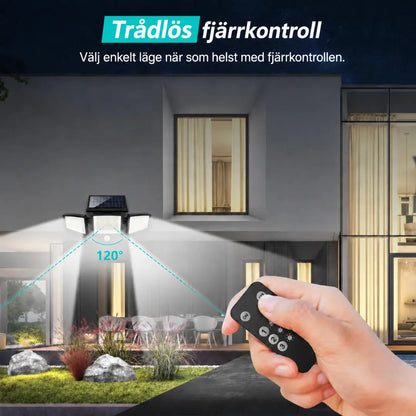 KORVATEK Solcellsdriven utomhuslampa – Säkerhetslampa med 3 ljushuvuden, rörelsesensor, fjärrkontroll & IP65